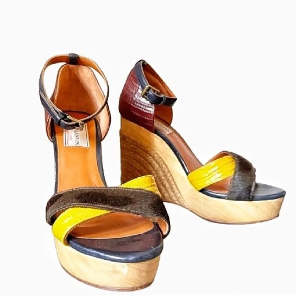 Lanvin Espadrille Leather Wedge Sandal Ankle Strap Paris 37 Multicolor Emboss - Picture 9 of 9